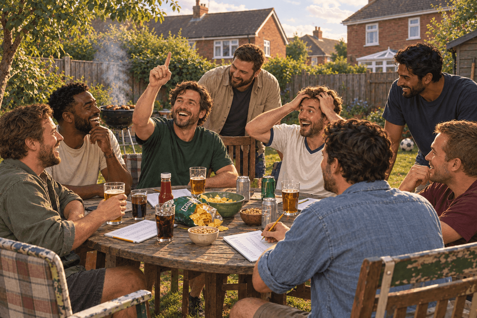Illustration of a group of male friends bidding around a table in a British back garden, with pints, crisps and a barbecue.
