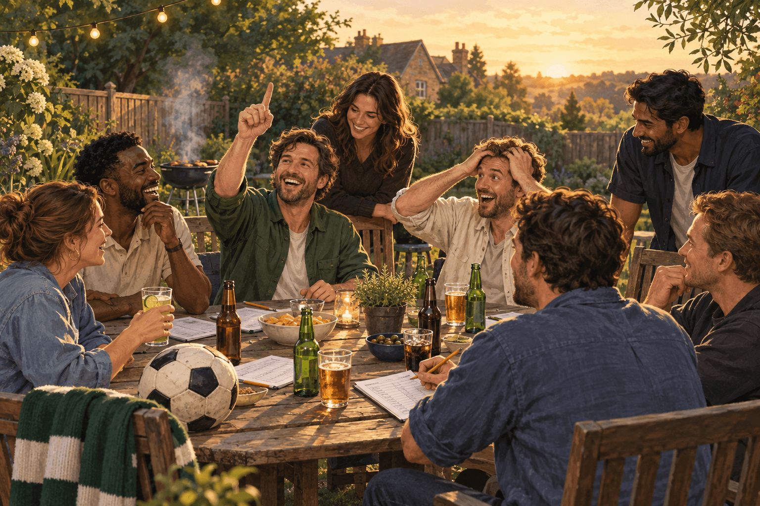 Illustration of friends bidding around a garden table, with drinks and a barbecue at sunset.
